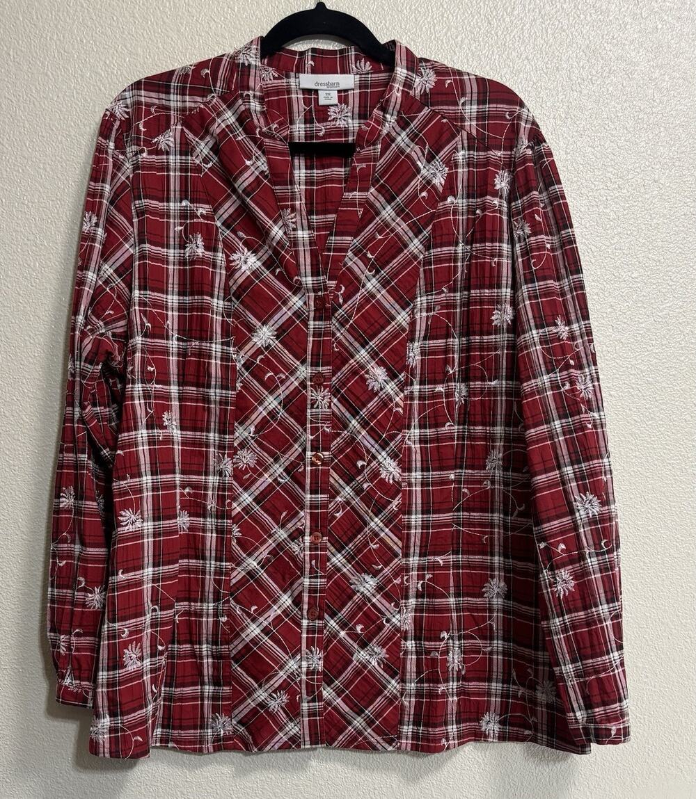 Red Floral Embroidered Button down Shirt Western Rodeo Boho Woman’s Plus Size 2X